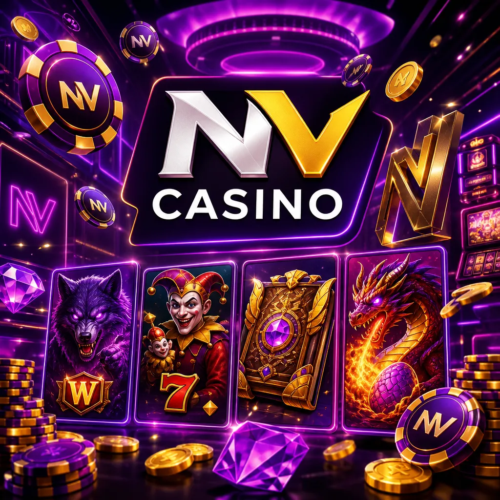 NV Casino promo image featuring official logo, purple-magenta neon hues, and gaming symbols in 1024x1024 format.