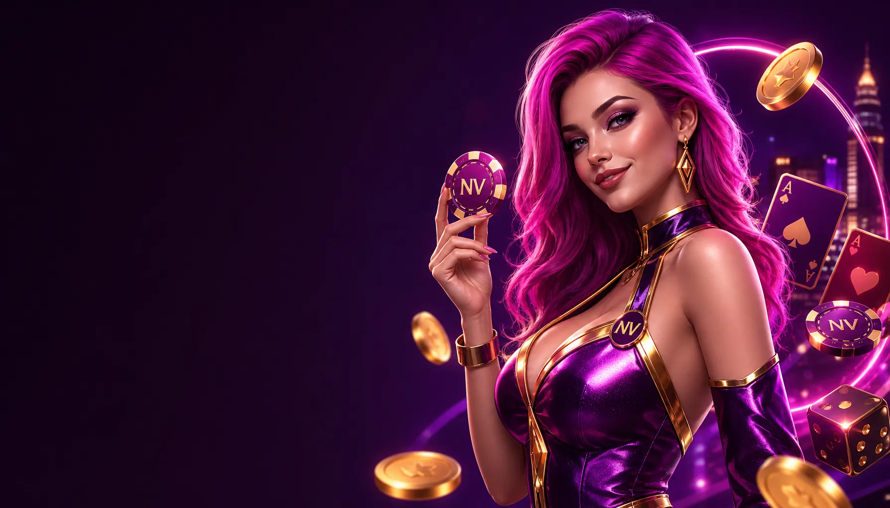 Glamorous casino hostess with neon rim lighting, NV casino chips, and premium style in vibrant colors.