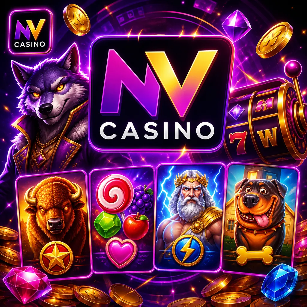 NV Casino promo featuring logo with purple-magenta neon and slot-card visuals